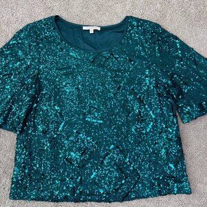 Skies are Blue Shirt Womens M Teal Green Sequin Gatsby Cocktail Party Speakeasy
